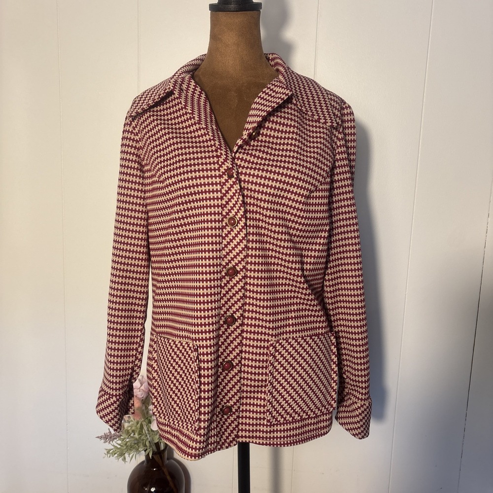 70s Red/Tan Woman's Mod Look Utility Pockets Blazer Jacket Vintage Chest 38"